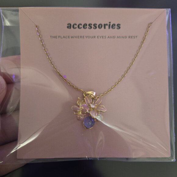 Pink flowers and purple orb necklace - Picture 1 of 1